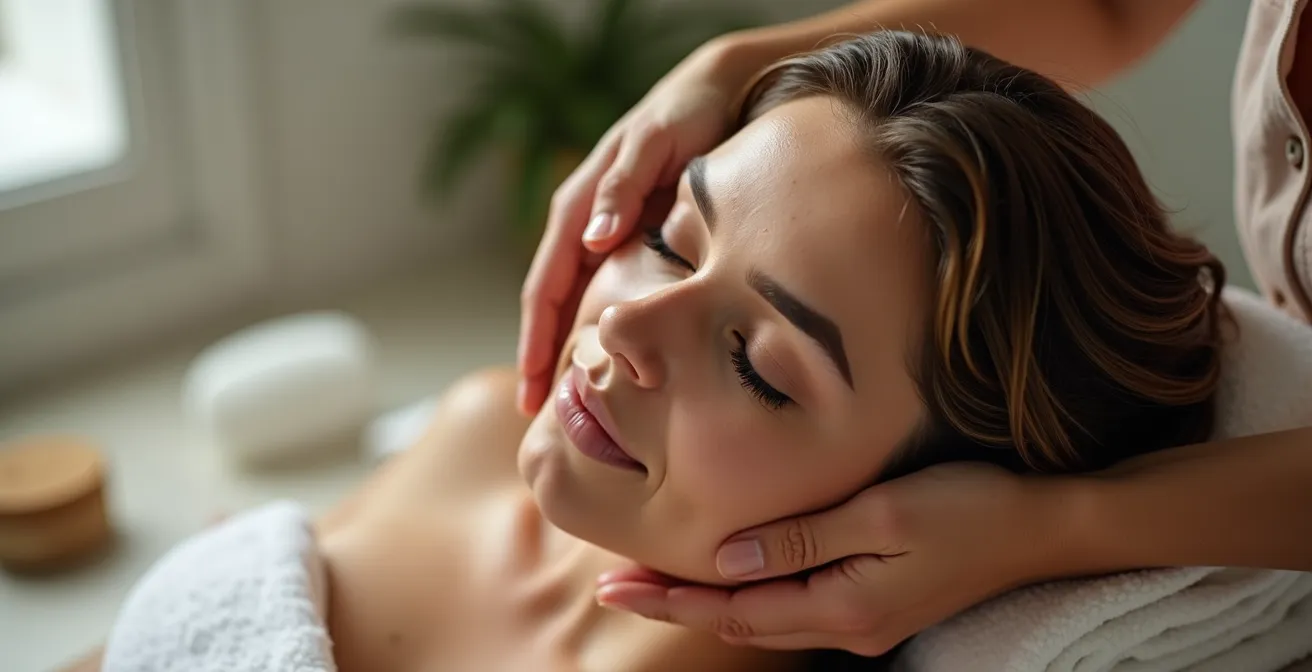 Sanfte Kopfhautmassage während der Haarwäsche, die Entspannung und Achtsamkeit vermittelt