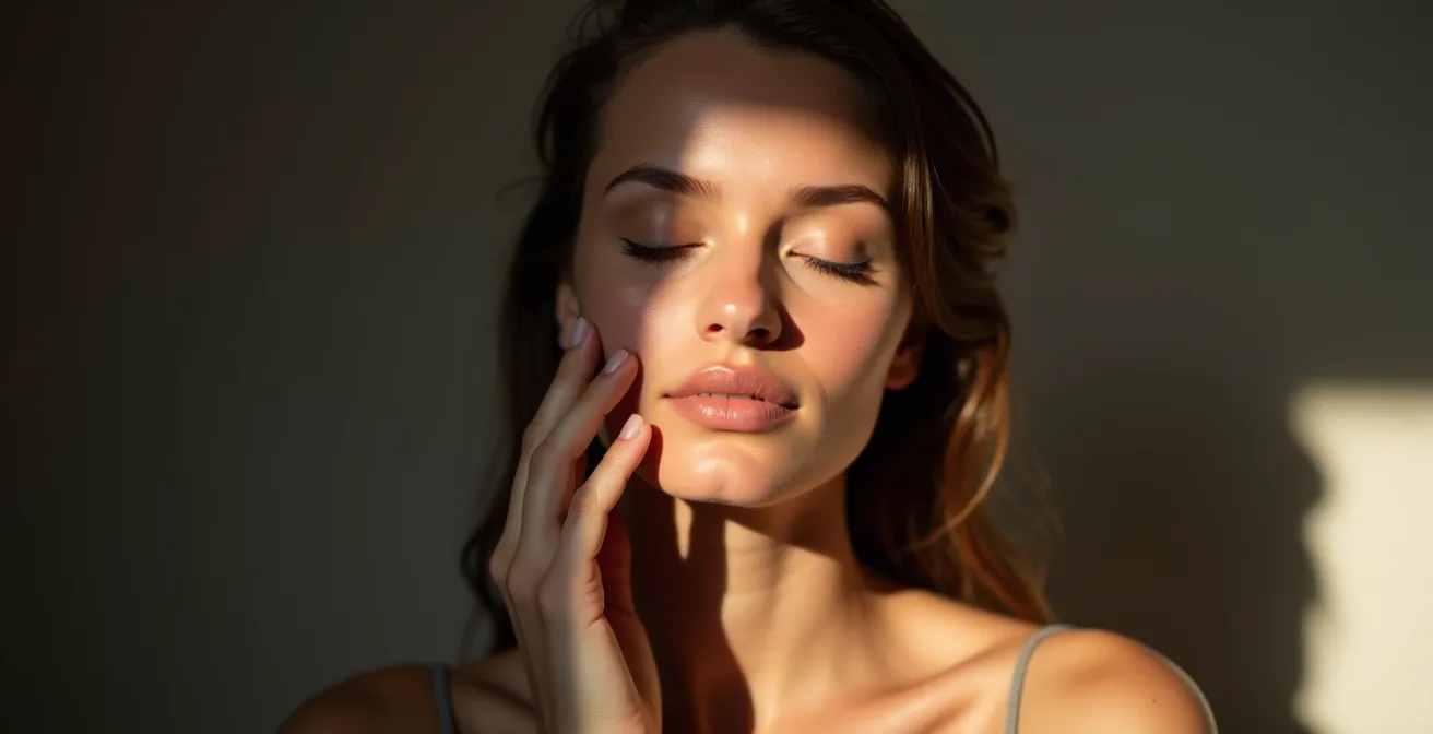 Frau betrachtet ihr natürliches Spiegelbild selbstbewusst