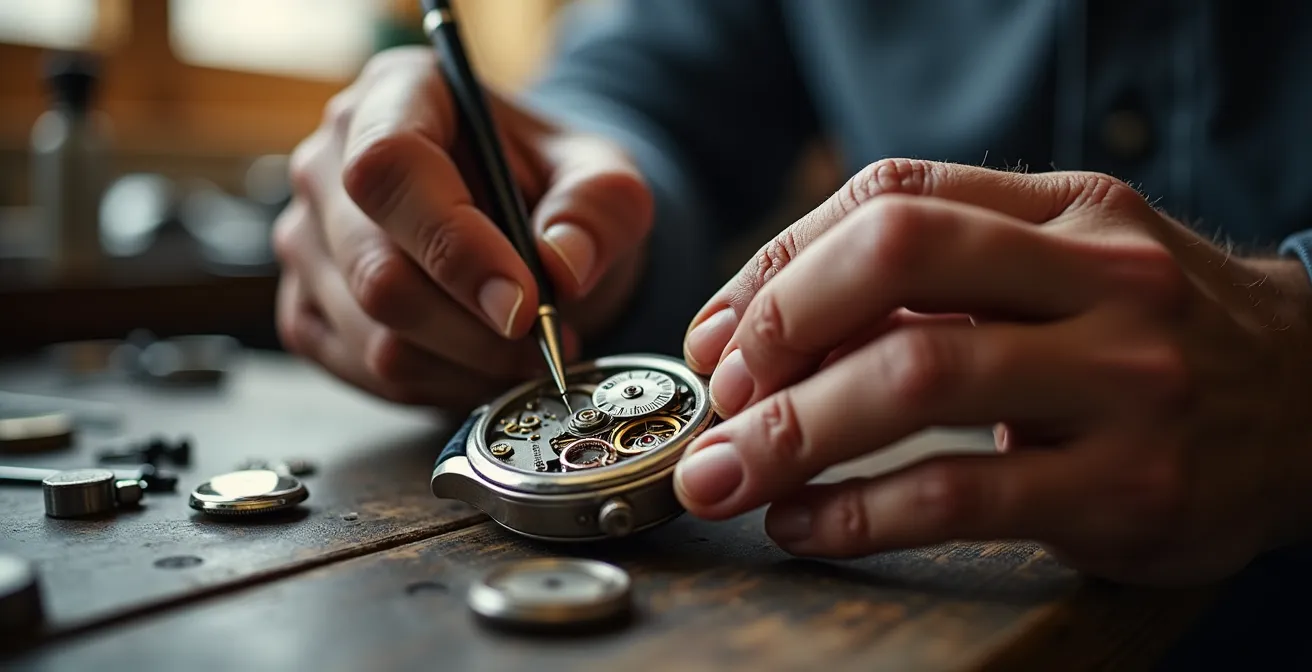 Nahaufnahme eines Uhrmachers bei der Arbeit an einem geöffneten Automatikwerk