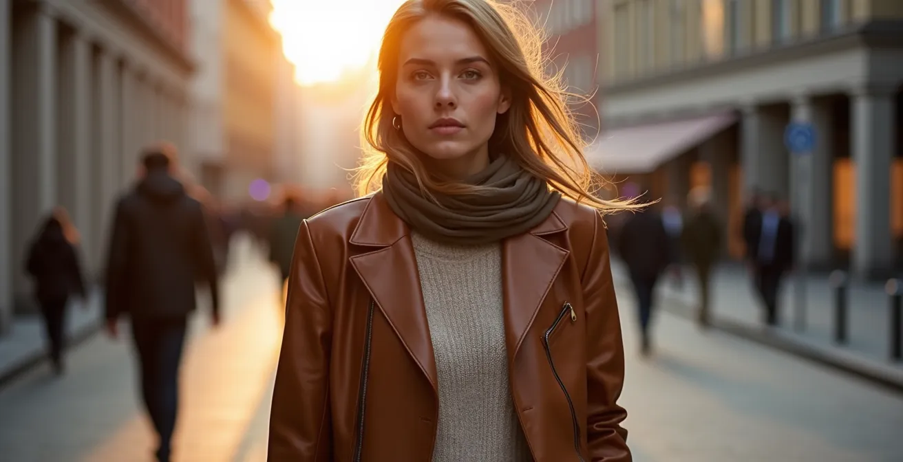 Moderne Berlinerin trägt Lederblazer mit Seidenschal und Strickpullover