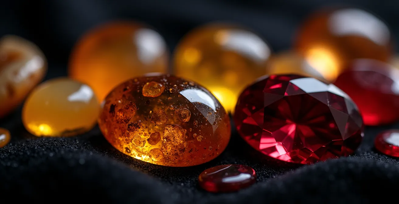 Makroaufnahme verschiedener Edelsteine mit Fokus auf baltischen Bernstein und böhmischen Granat in natürlicher Anordnung