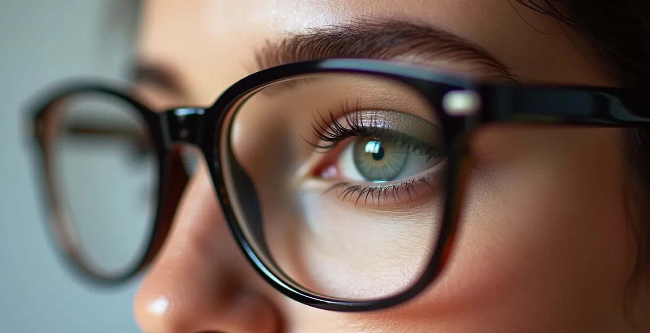 Detailaufnahme von Augen-Make-up hinter verschiedenen Brillengestellen