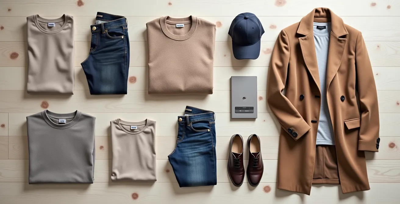 Übersichtliche Anordnung einer minimalistischen Capsule Wardrobe mit 15 Teilen auf einem Holzboden.