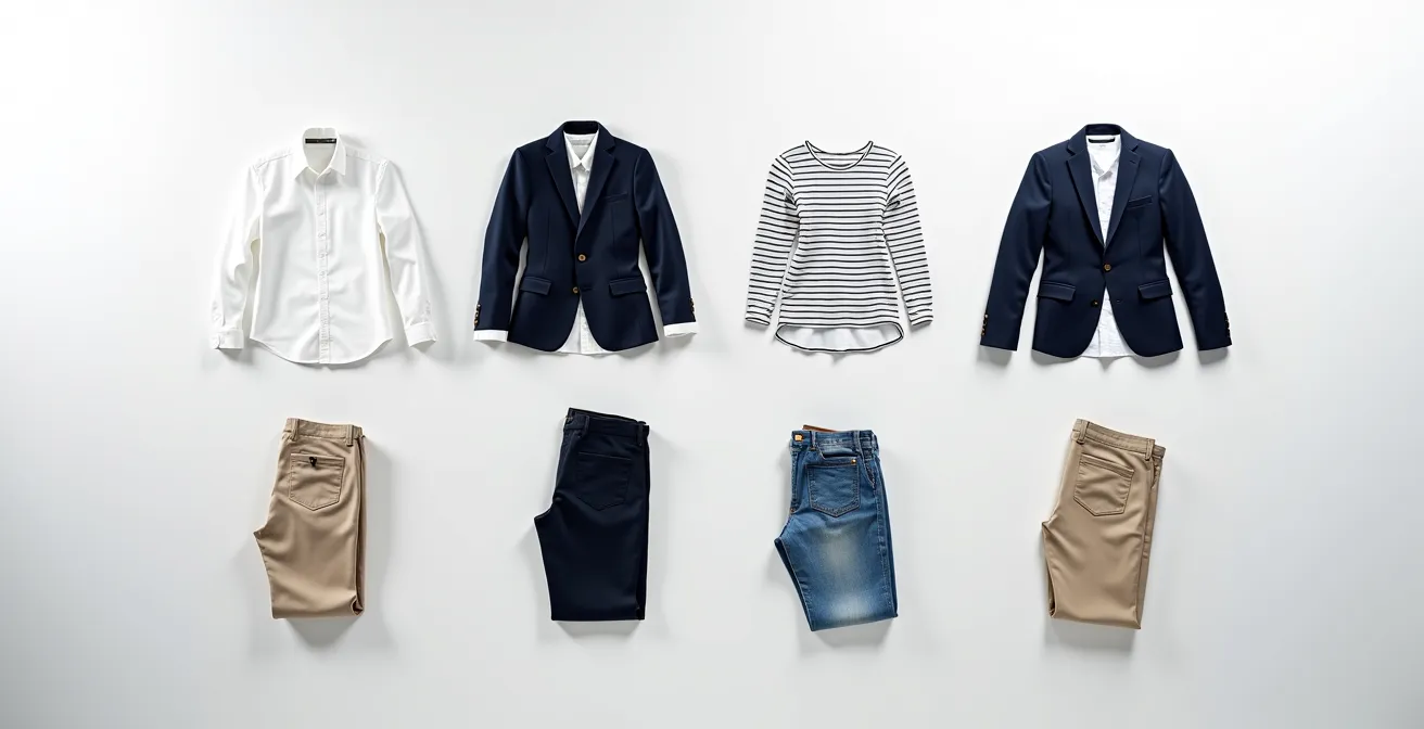 Stilisierte Darstellung verschiedener Outfit-Kombinationen aus minimalistischen Basis-Kleidungsstücken