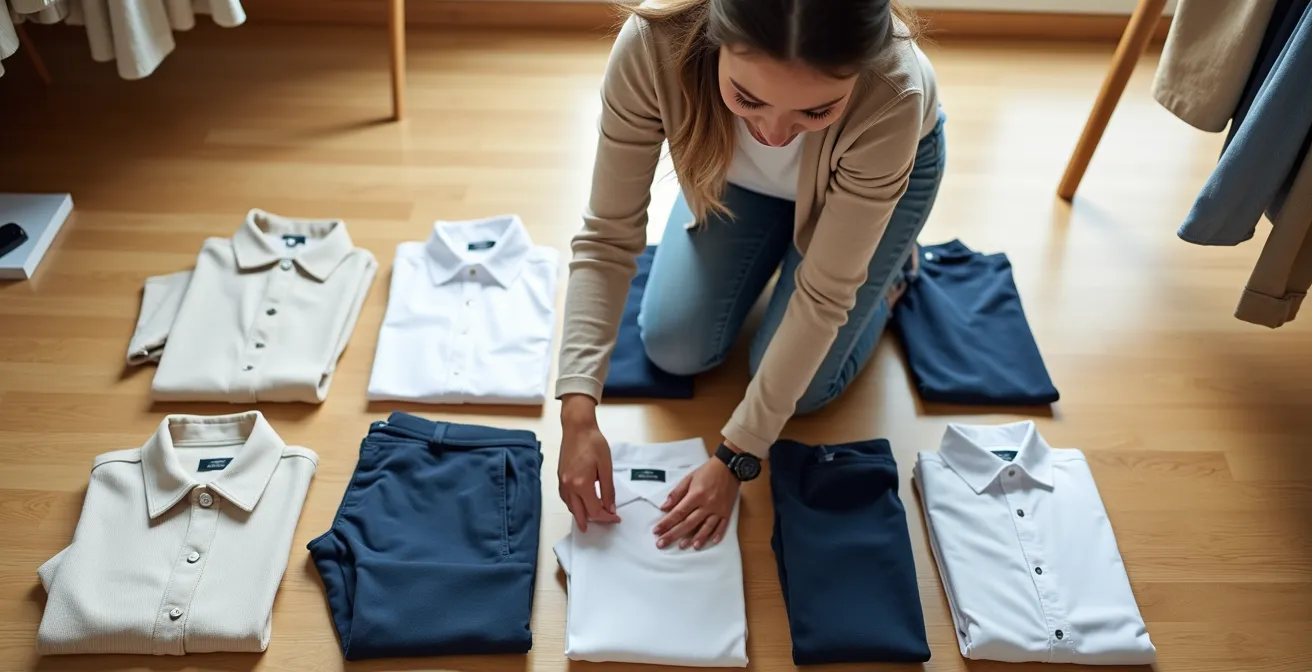 Visuelle Matrix, die die vielfältigen Kombinationsmöglichkeiten von 15 sorgfältig ausgewählten Kleidungsstücken in einer Capsule Wardrobe zeigt