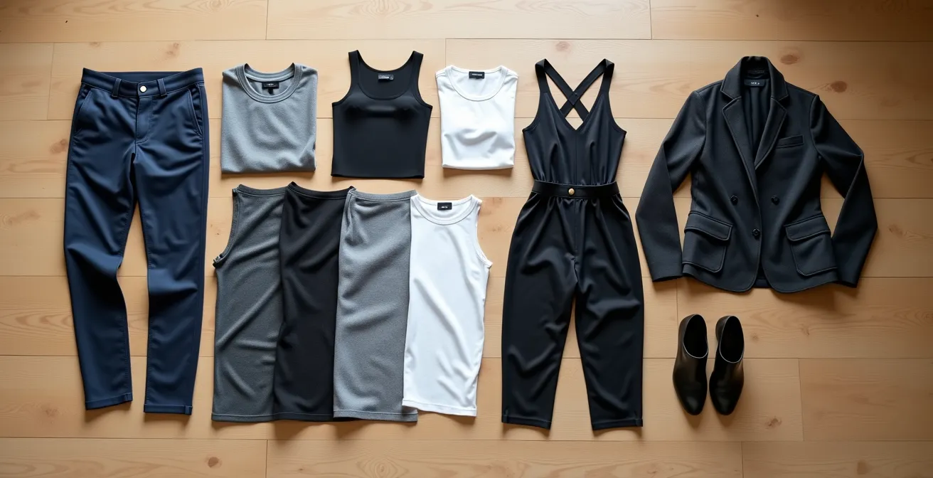 Visuelle Darstellung von 15 Kleidungsstücken und deren vielfältige Kombinationsmöglichkeiten