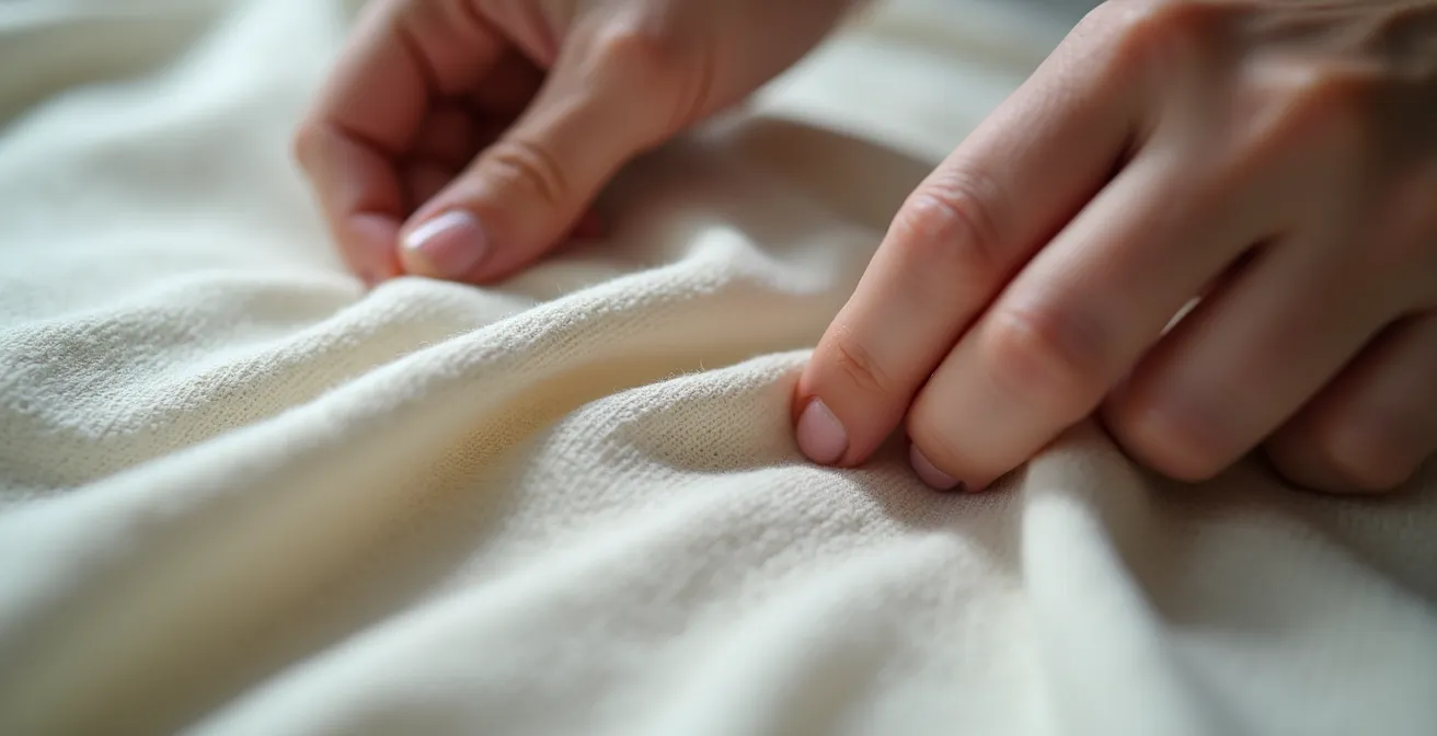 Hand prüft die Qualität eines Kleidungsstücks mit Fokus auf Material und Verarbeitung