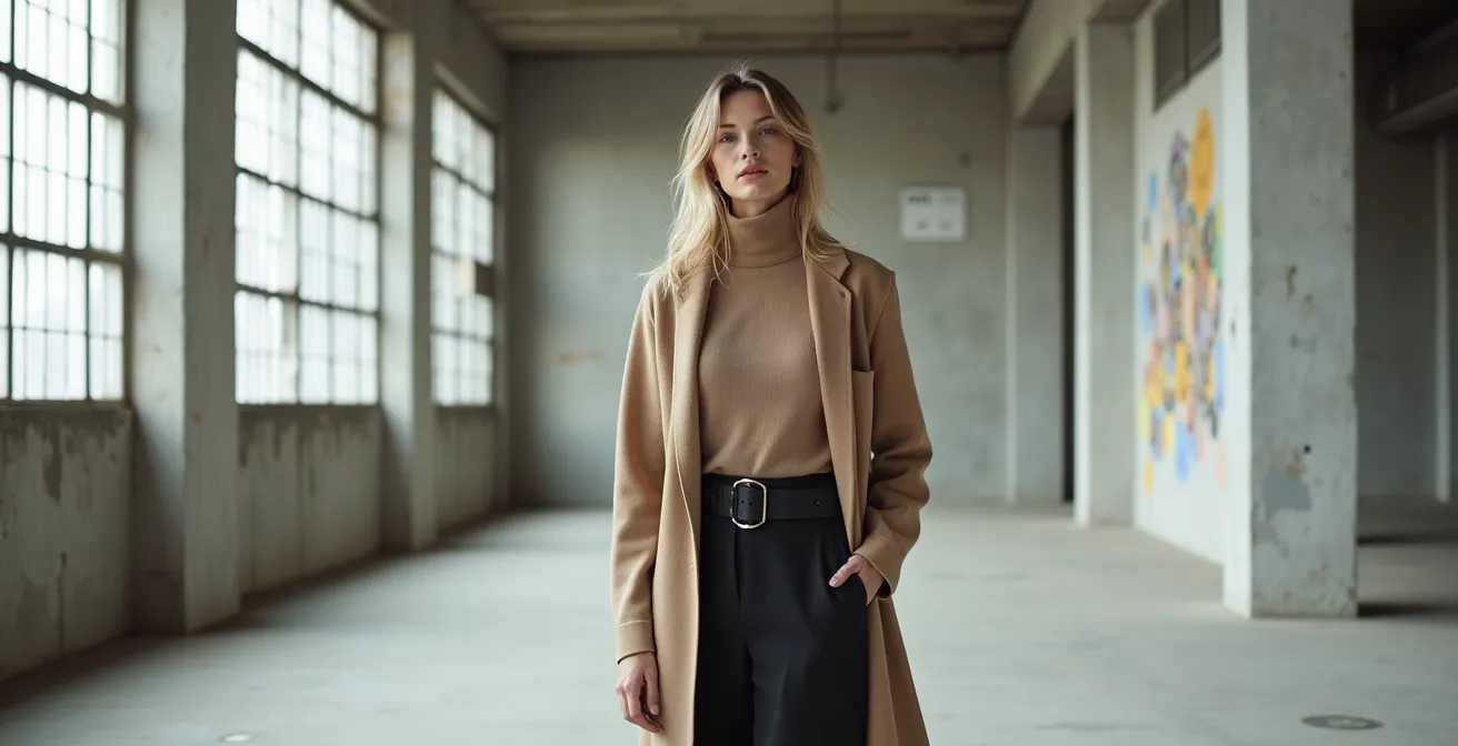 Stilvolle Dame mit perfekt proportionierten Schichten zeigt Drittel-Regel