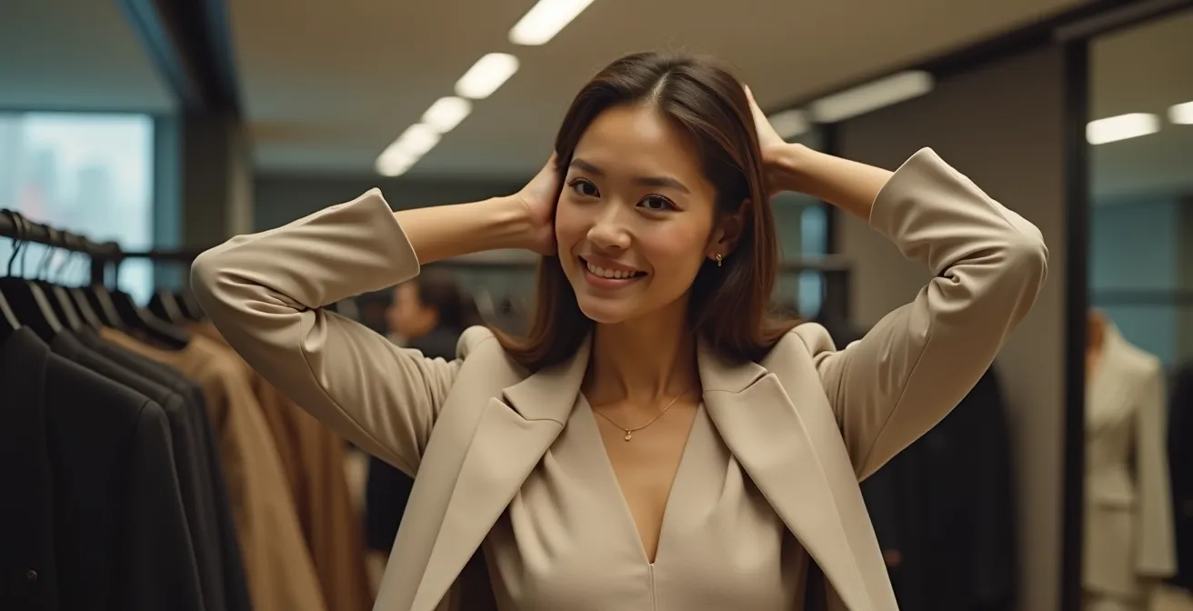 Person testet die Passform eines Sakkos durch verschiedene Bewegungen in einer Umkleidekabine.