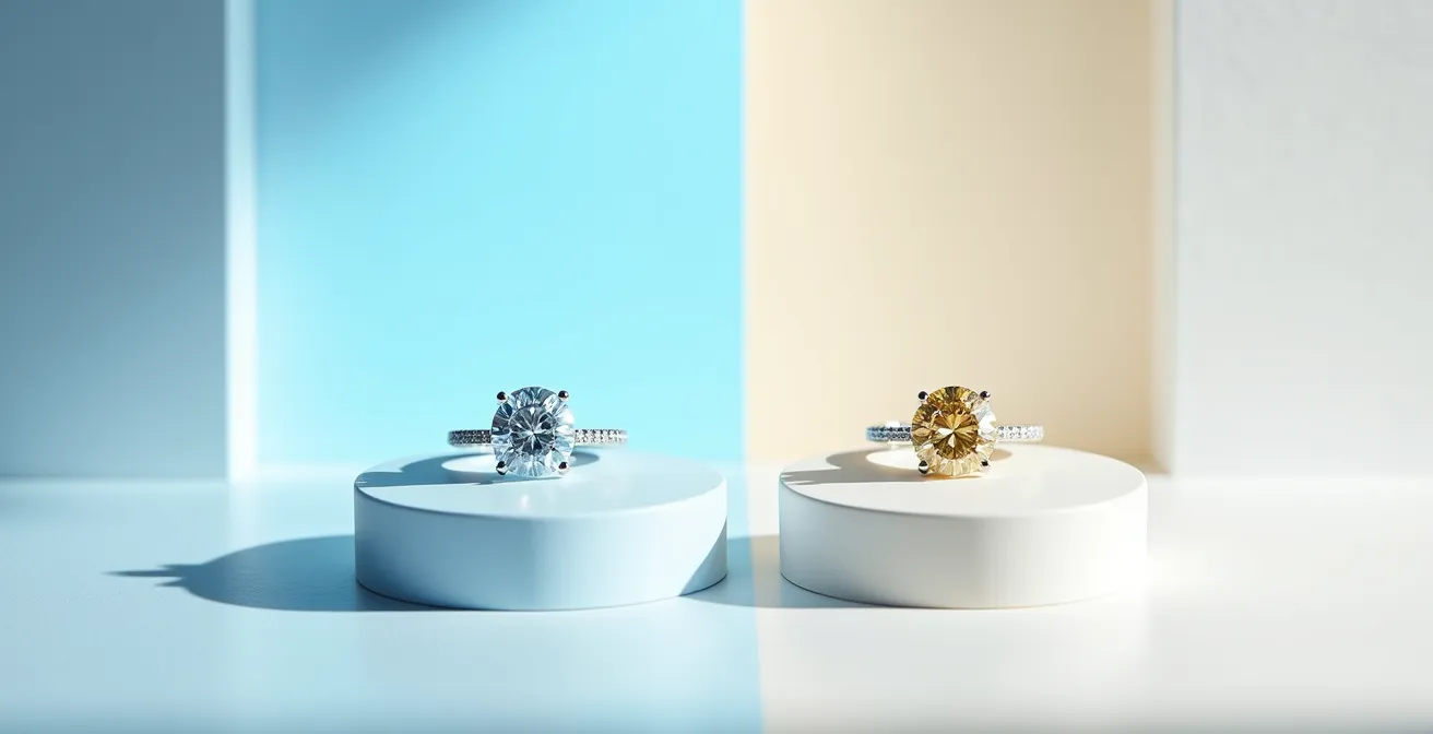 Vergleich eines Diamanten unter verschiedenen Lichtbedingungen zeigt dramatische Farbunterschiede