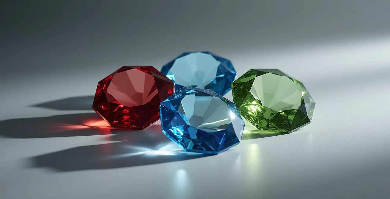 Nahaufnahme verschiedener geschliffener Edelsteine in Juwelierqualität, die einen Diamanten, einen Rubin, einen Saphir und einen Smaragd zeigen.