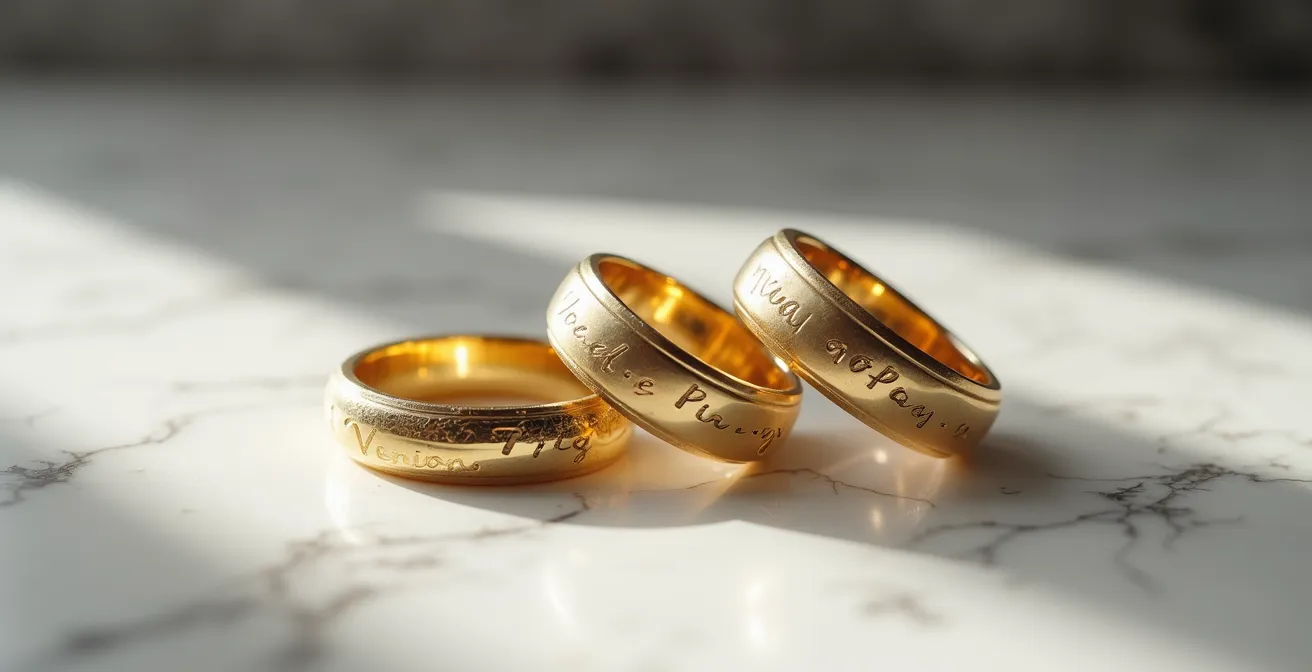 Innenseite eines Eherings mit verschiedenen Gravur-Optionen, die verschiedene Stile zeigen