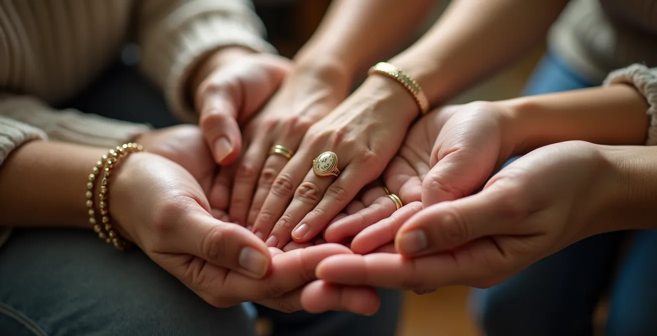 Hände verschiedener Generationen halten personalisierte Schmuckstücke