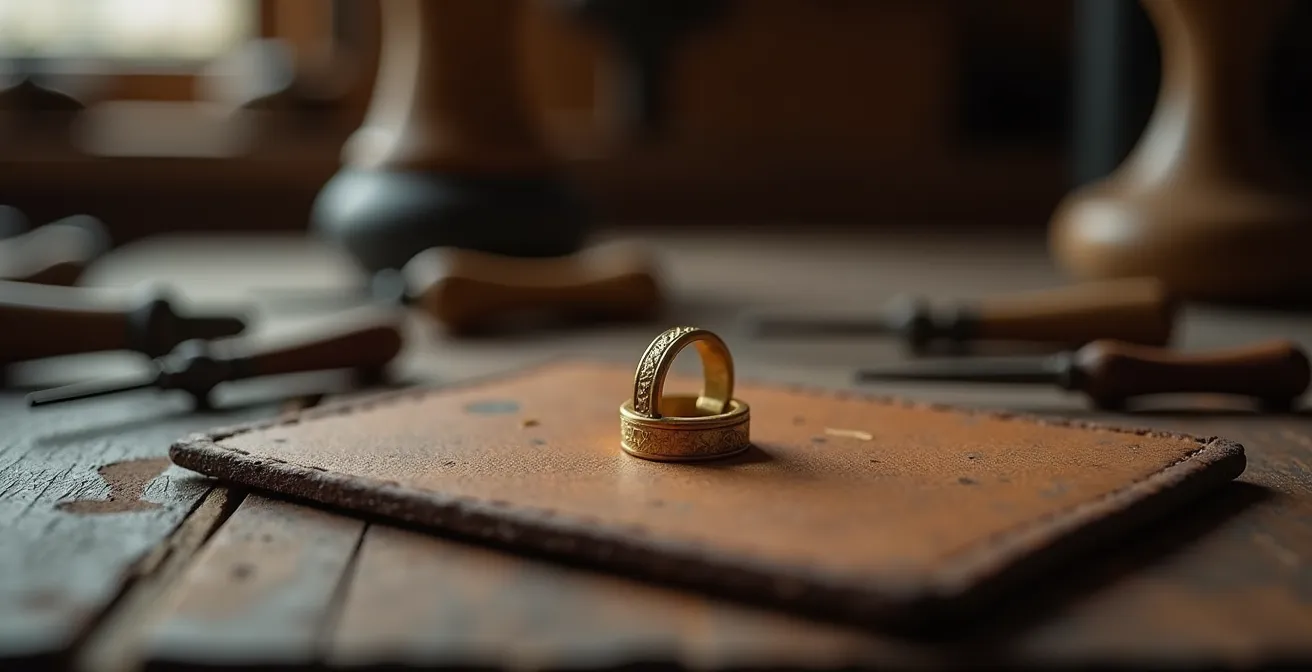 Historischer Ring mit alter und neuer Gravur in einer traditionellen Goldschmiedewerkstatt