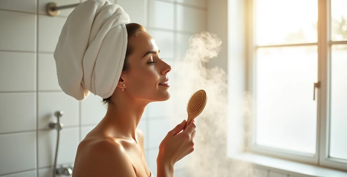 Frau mit handtuchturban in dampfendem Badezimmer zeigt die richtige Wärmebehandlung für Haarmasken