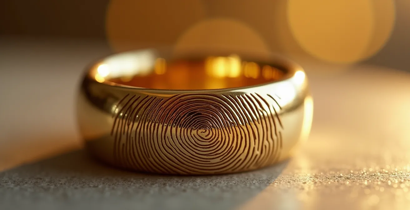 Makroaufnahme einer Fingerabdruck-Gravur auf einem goldenen Ring