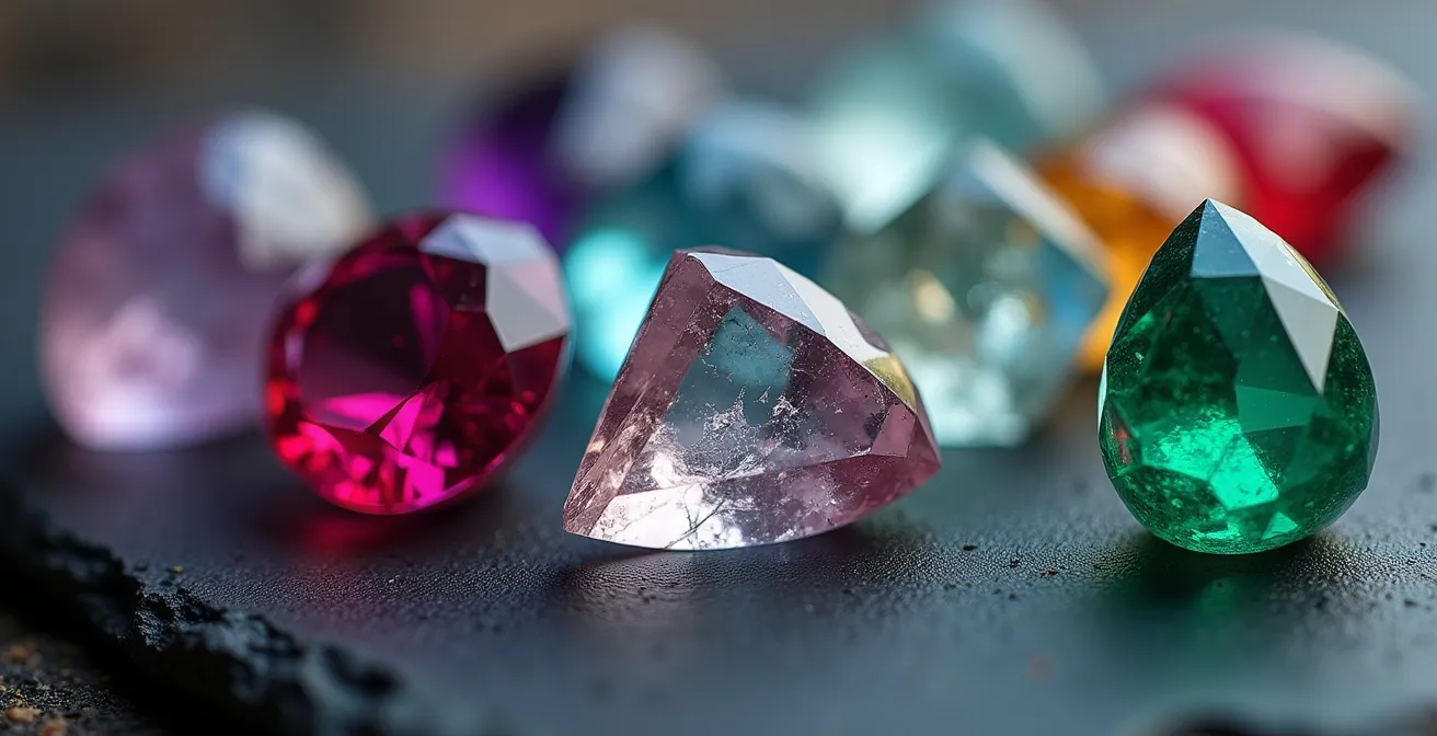 Eine Sammlung verschiedener roher und geschliffener Geburtssteine wie Amethyst und Rubin, kunstvoll auf einer dunklen Schieferplatte arrangiert.
