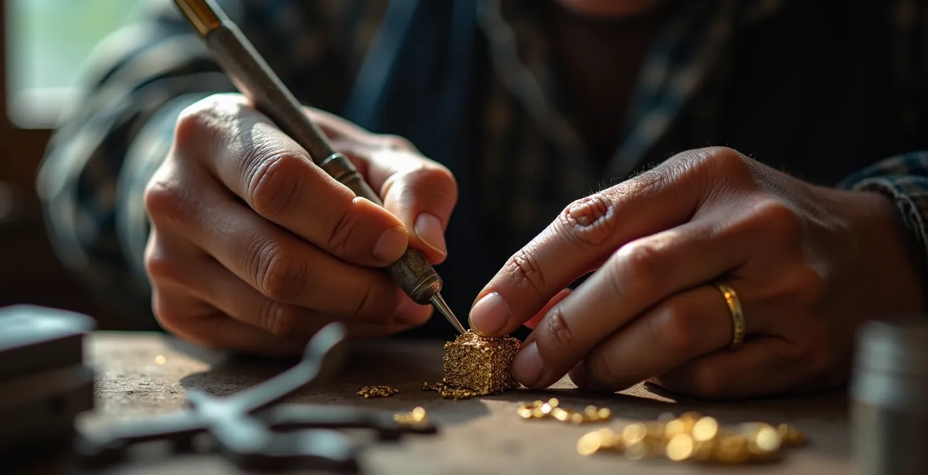 Makroaufnahme der Hände eines Goldschmieds, der mit einem Präzisionswerkzeug einen Edelstein in eine Goldfassung setzt.