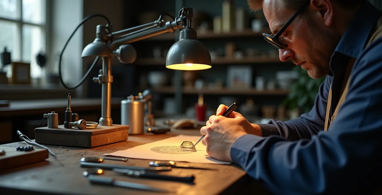 Goldschmied bei der Qualitätskontrolle eines gravierten Rings in deutscher Werkstatt