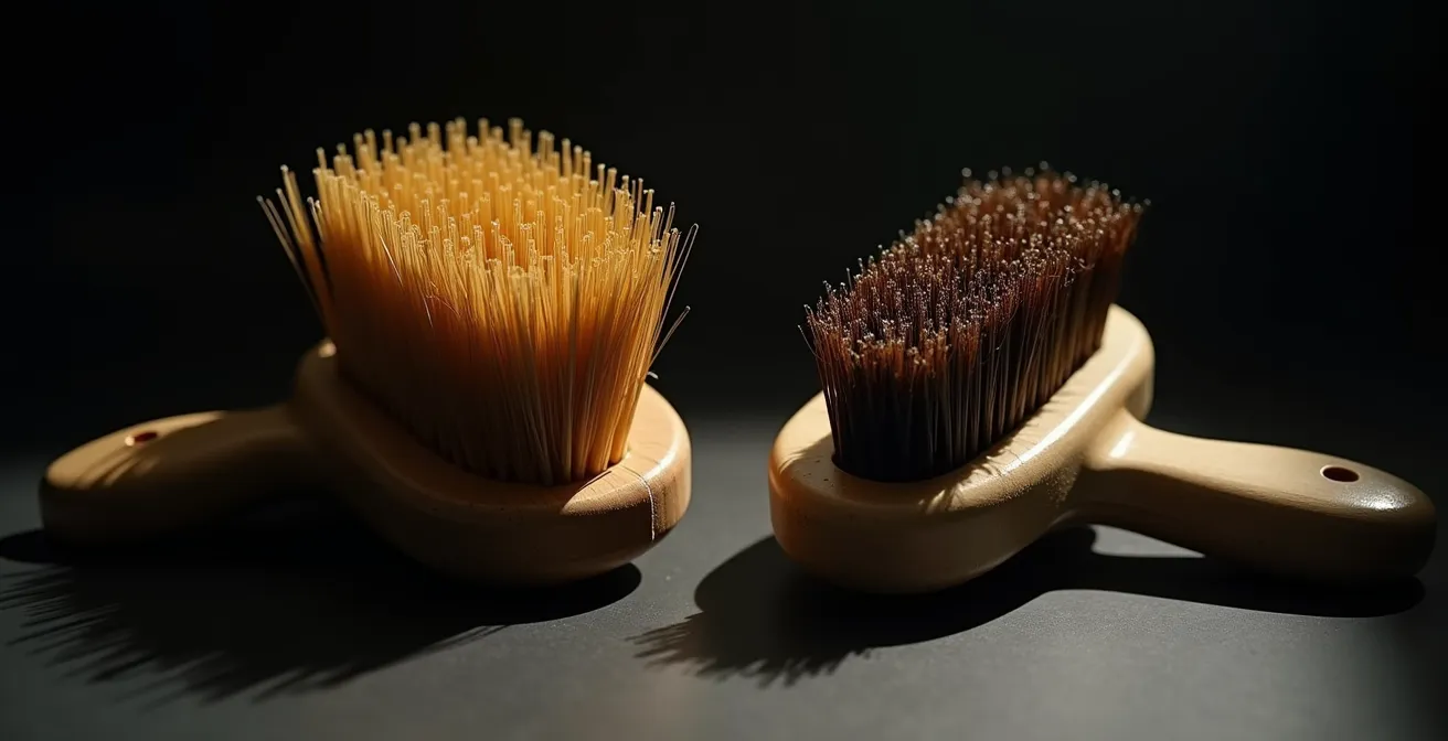 Makroaufnahme, die den Kontrast zwischen einer hochwertigen Naturborstenbürste und einer schädlichen Plastikbürste zeigt.