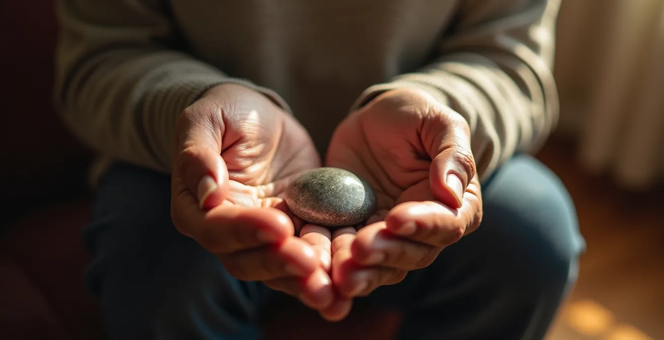 Zwei Hände umschließen behutsam ein kleines glänzendes Objekt in warmer Umgebung
