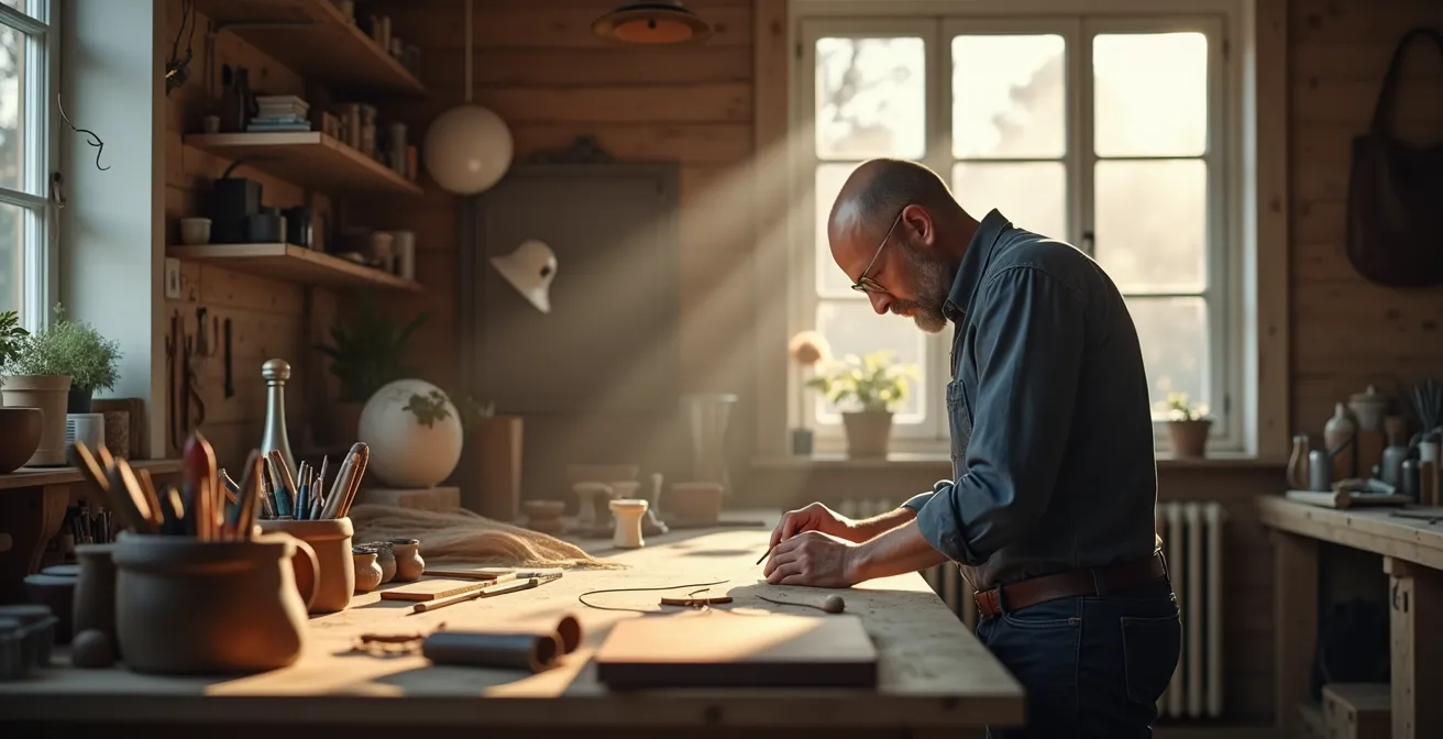 Ein minimalistischer Arbeitsplatz eines deutschen Handwerkers, der ein Signature-Item fertigt.