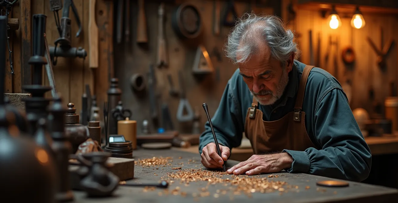 Handwerker graviert persönliche Widmung auf edlem Schmuckstück