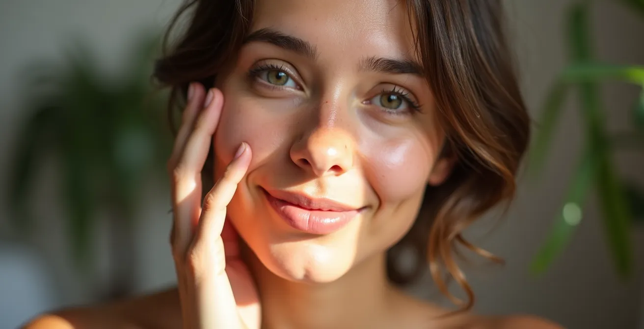 Nahaufnahme von glänzender, hydratisierter Haut mit Tautropfen