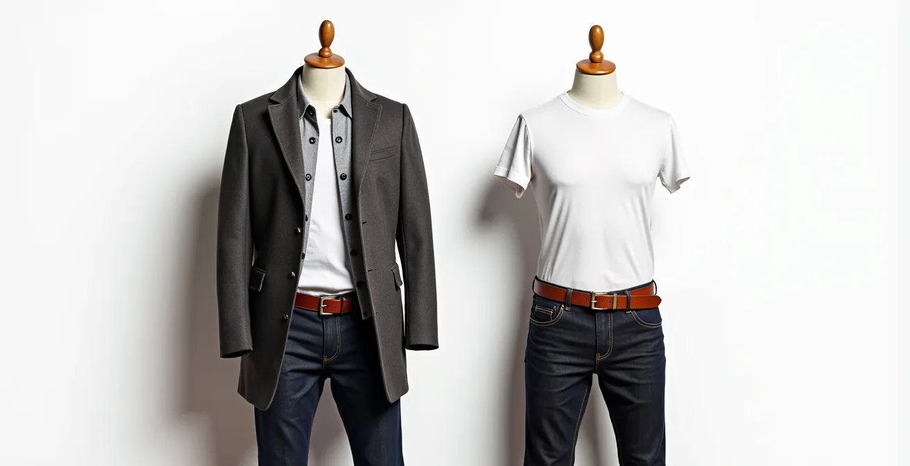 Zwei nebeneinander stehende Männeroutfits zeigen High-Low-Kombinationen in verschiedenen Preisklassen