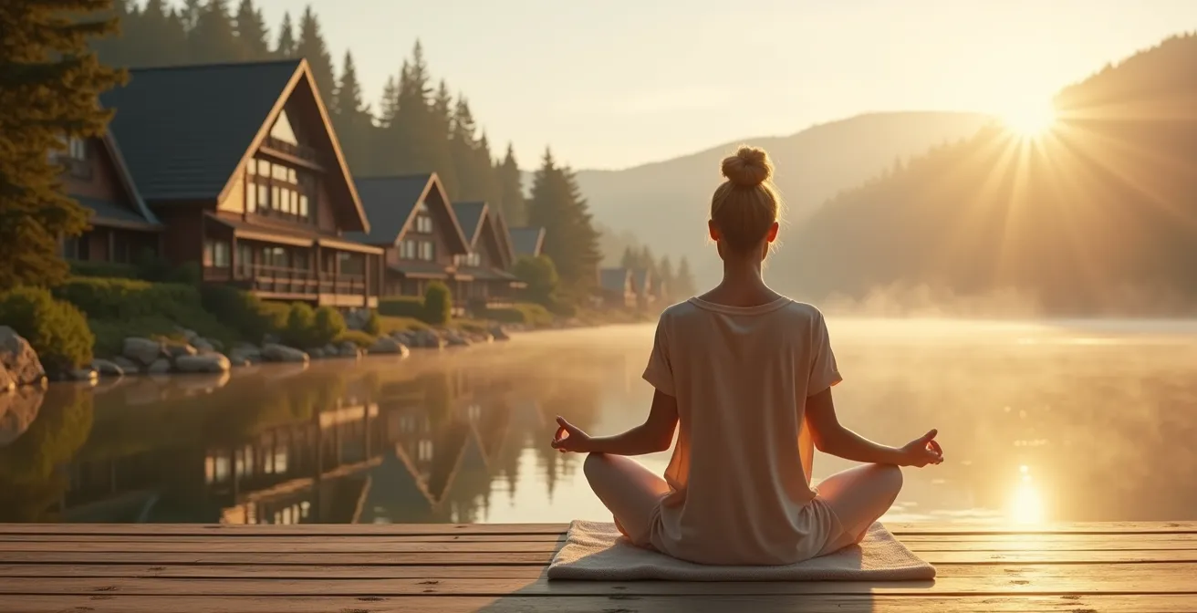 Frau in meditativer Pose in deutscher Wellness-Landschaft