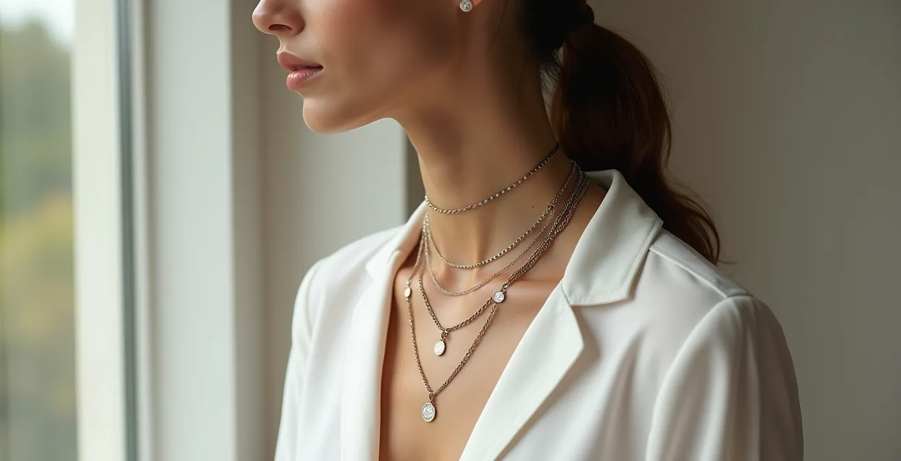 Seitliches Porträt einer Frau mit verschiedenen Kettenlängen und Medaillon