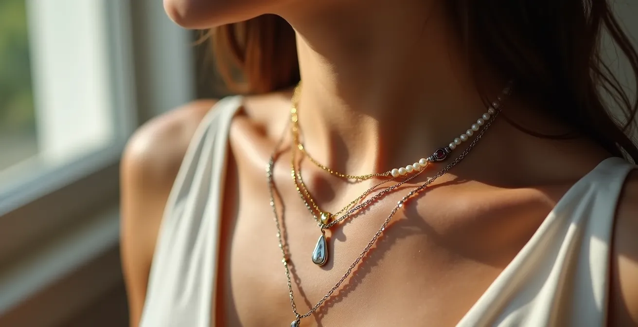 Frauenhals mit mehreren geschichteten Halsketten in verschiedenen Längen und Stilen