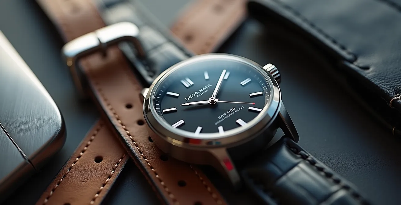 Nahaufnahme von harmonisch abgestimmten Accessoires in Silber und schwarzem Leder