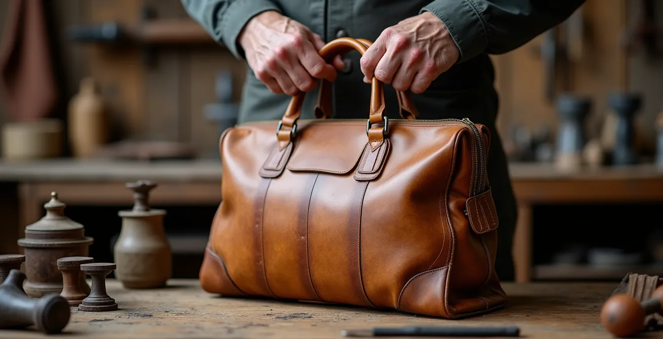 Nahaufnahme einer Vintage-Ledertasche mit wunderschöner natürlicher Patina