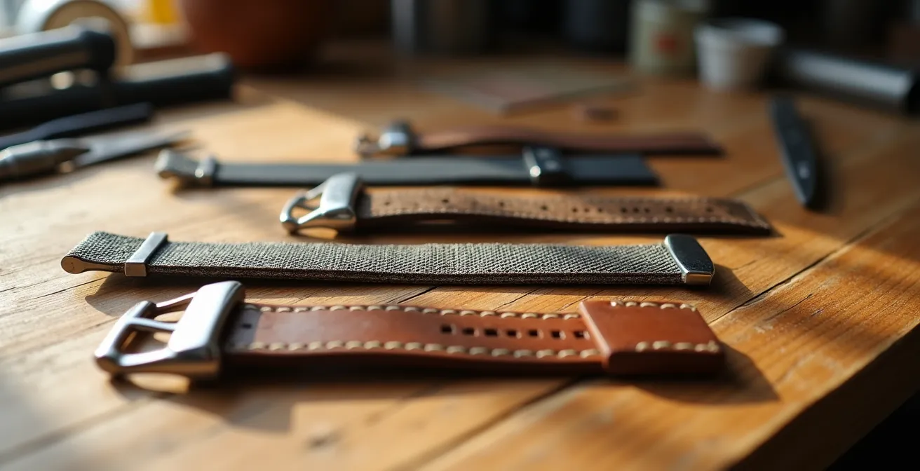 Detailaufnahme verschiedener Uhrenarmbänder aus nachhaltigem Leder und Milanaise-Geflecht