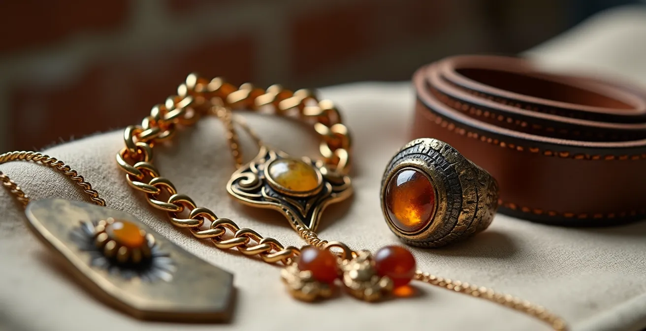 Eine kunstvolle Nahaufnahme von mehreren Statement-Accessoires, die harmonisch miteinander kombiniert sind.
