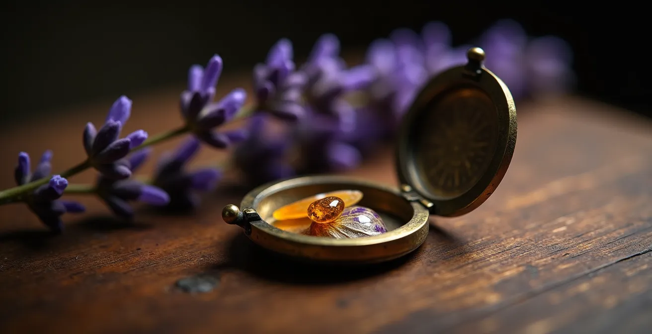 Geöffnetes antikes Medaillon mit gepressten Blüten und kleinem Stein im Inneren