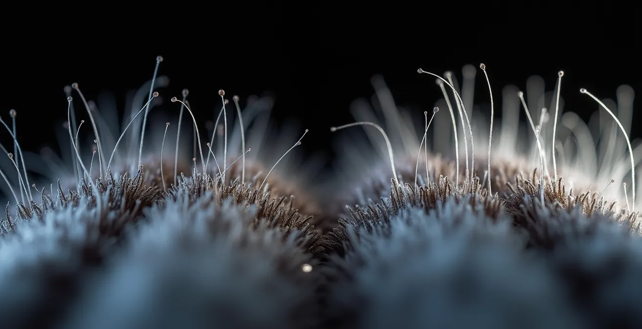 Mikroskopaufnahme von Haarstruktur mit Feinstaubpartikeln