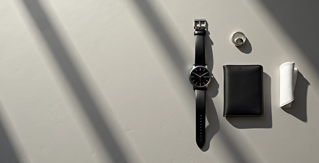 Minimalistische Herrenaccessoires im Bauhaus-Stil arrangiert