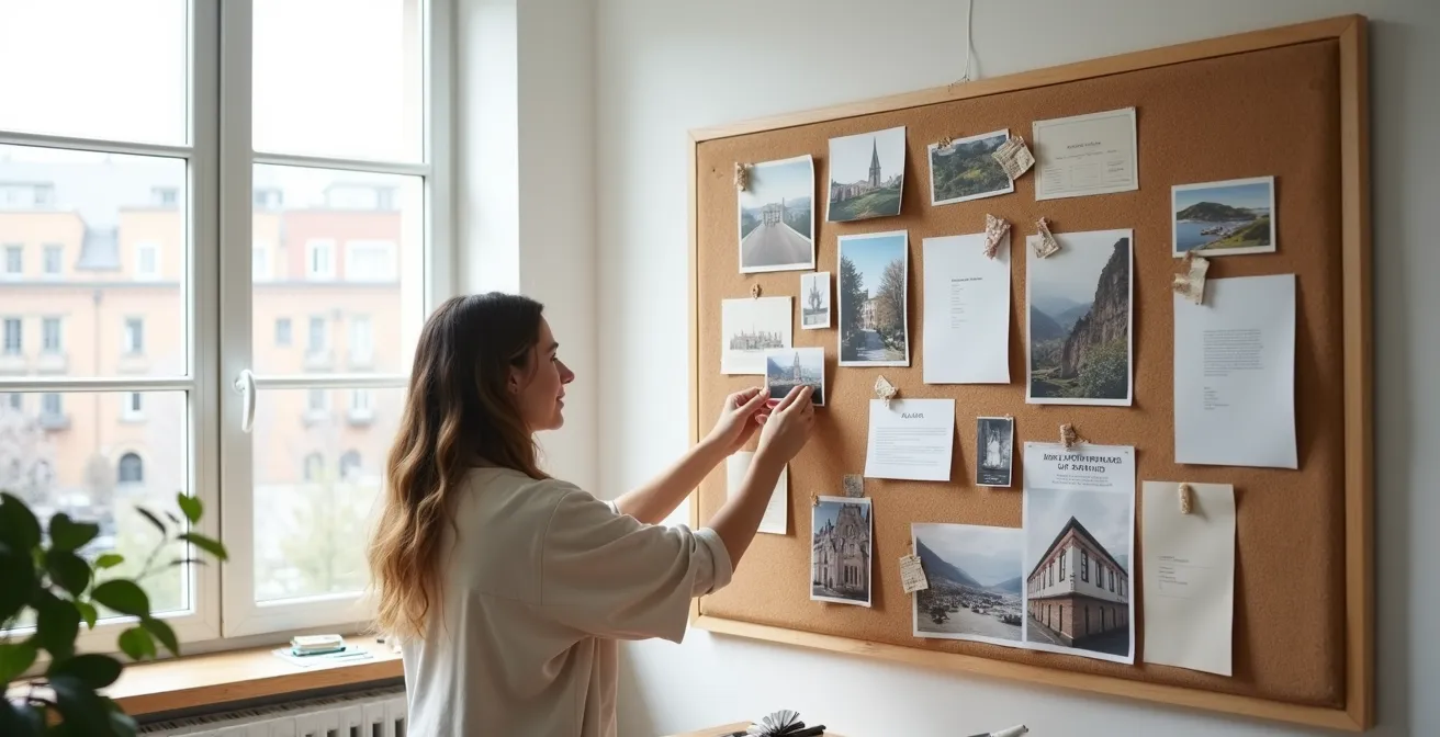 Frau erstellt ein physisches Moodboard mit deutschen Architekturelementen und Stoffmustern