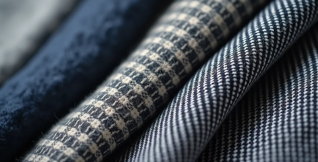 Elegante Kombination verschiedener klassischer Muster wie Glencheck und Hahnentritt in harmonischen Farbtönen.