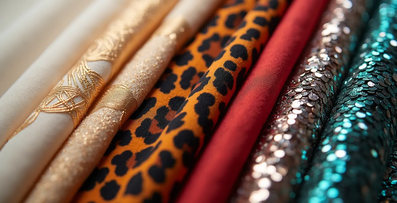 Visuelle Darstellung der Mut-Faktor-Skala für Statement-Pieces, von subtilen Texturen bis zu kühnen Pailletten.