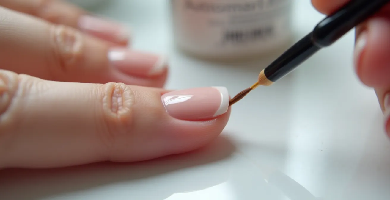 Nahaufnahme einer Hand beim Auftragen der weißen Spitze für French Manicure