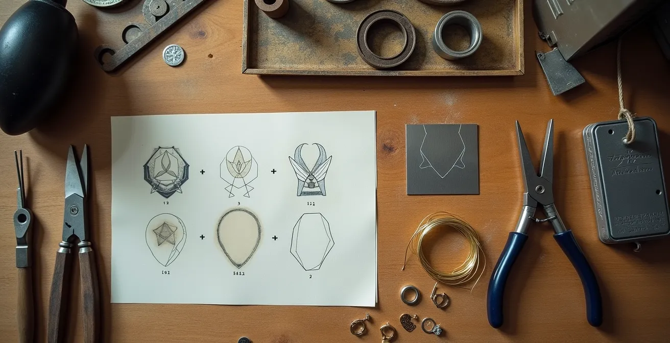Goldschmiedewerkzeug und Skizzen für personalisierte Anhänger auf einem hölzernen Arbeitstisch.