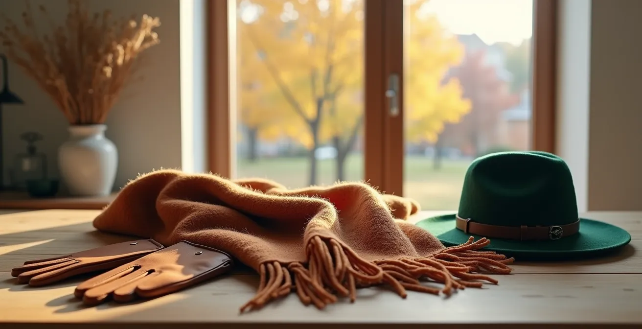 Stilvolles Arrangement von saisonalen Accessoires für deutsche Übergangszeiten