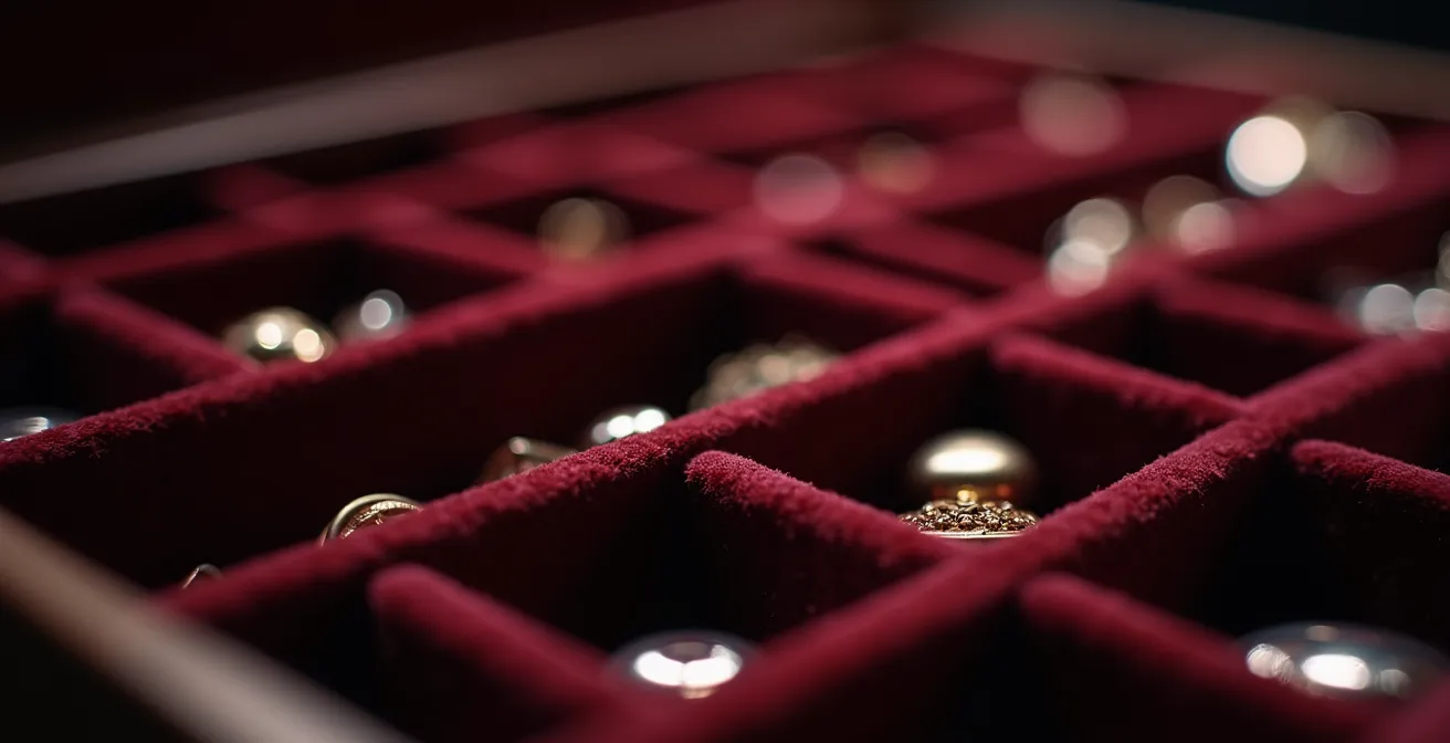 Offene antike Schmuckschatulle mit verschiedenen Schmuckstücken in Fächern organisiert