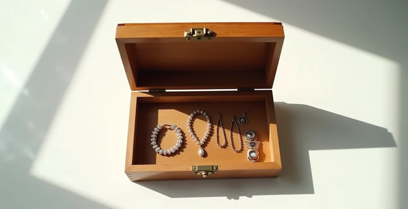 Offene antike Schmuckschatulle mit verschiedenen Schmuckstücken aus unterschiedlichen Epochen, die eine persönliche Lebensgeschichte erzählen