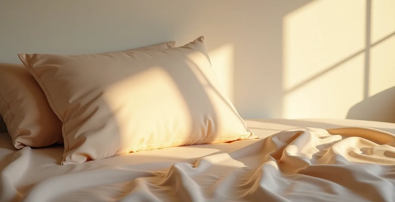 Vergleich verschiedener Kissenmaterialien für optimalen Haarschutz, wobei ein luxuriöser Seidenkissenbezug im sanften Morgenlicht glänzt.