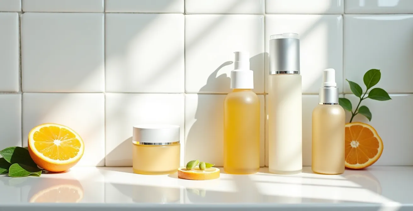 Minimalistische Anordnung von Hautpflegeprodukten mit natürlichen Antioxidantien