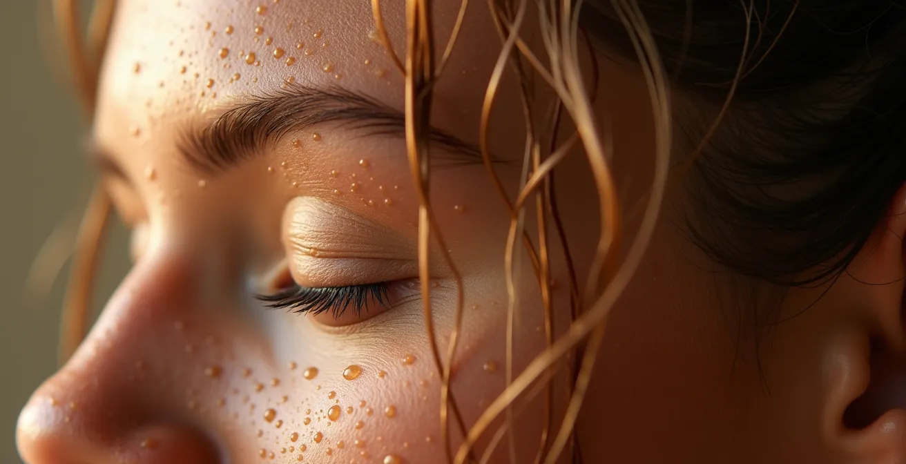 Makroaufnahme von nassen Haarsträhnen mit Wassertropfen, die eine Detox-Behandlung symbolisieren